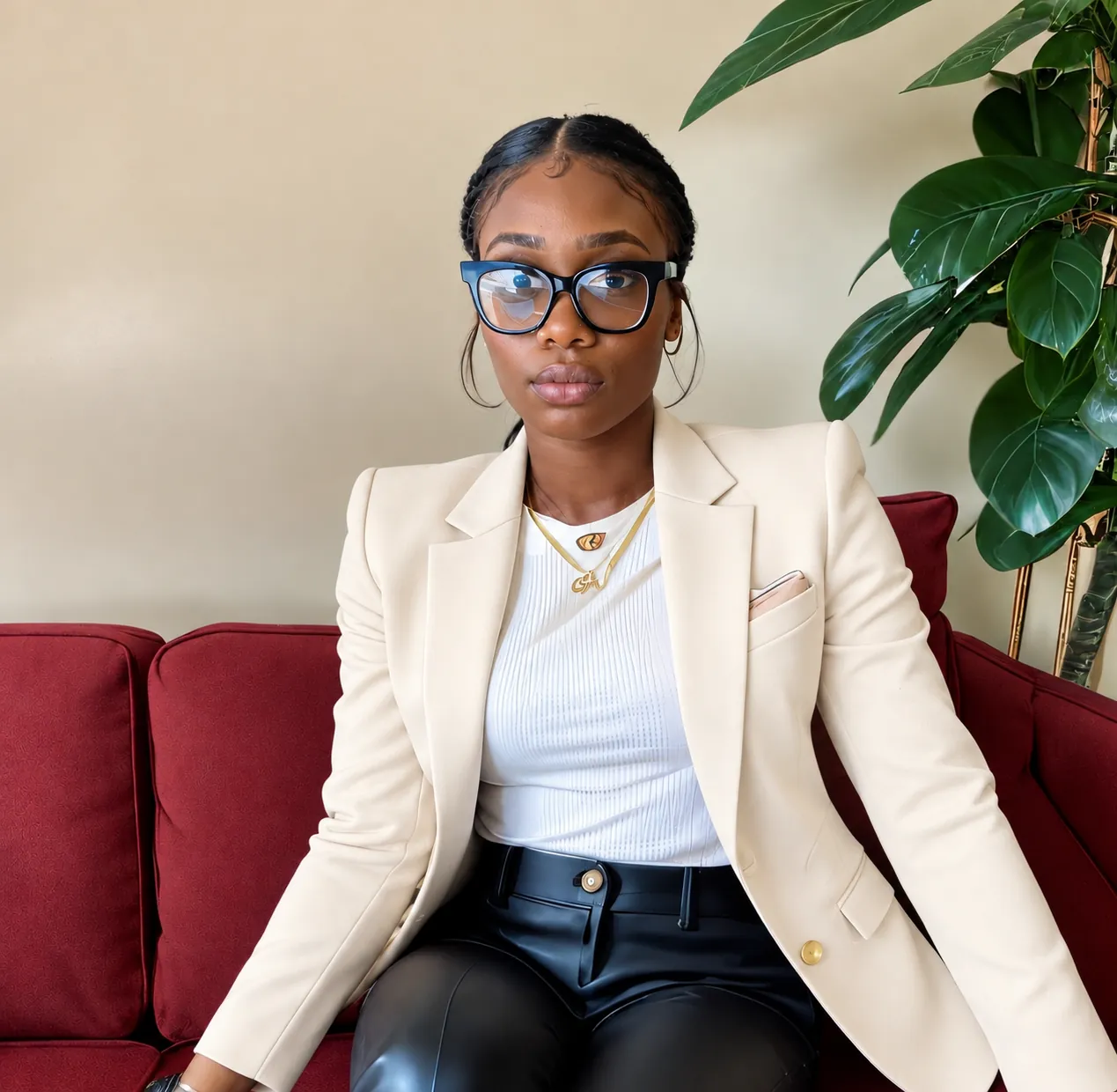Jaliyah Spencer, founder of A Brighter Legacy, seated on a burgundy sofa in a cream blazer and glasses